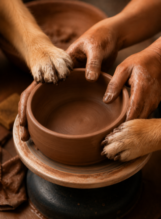 Human hands and dog paws shaping a clay water bowl together on a pottery wheel.